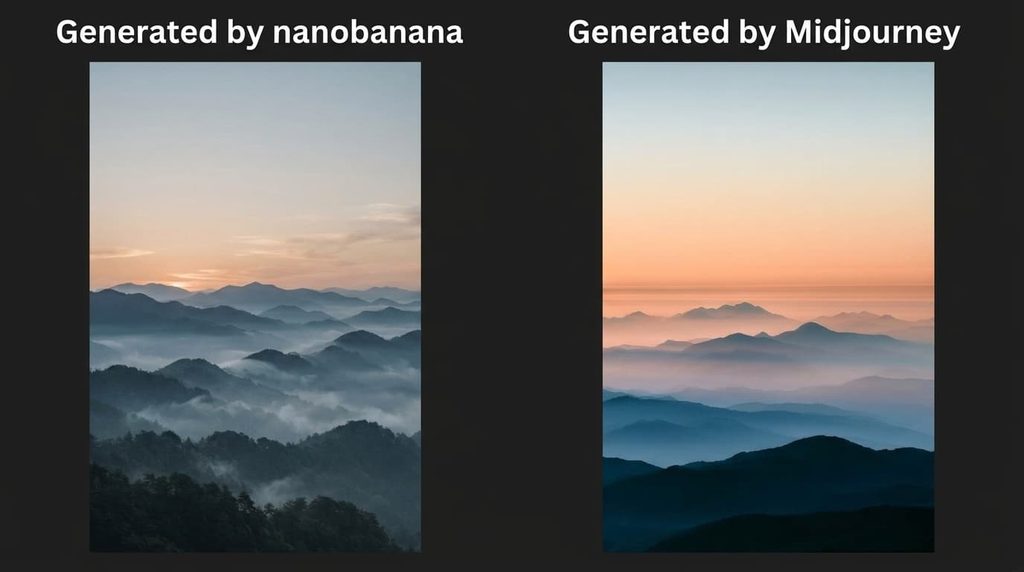 朝霧に包まれた山並みが重なり上部に淡い朝焼けの空が広がる写真風スマホ壁紙(左:Nano Banana/右:Midjourney)