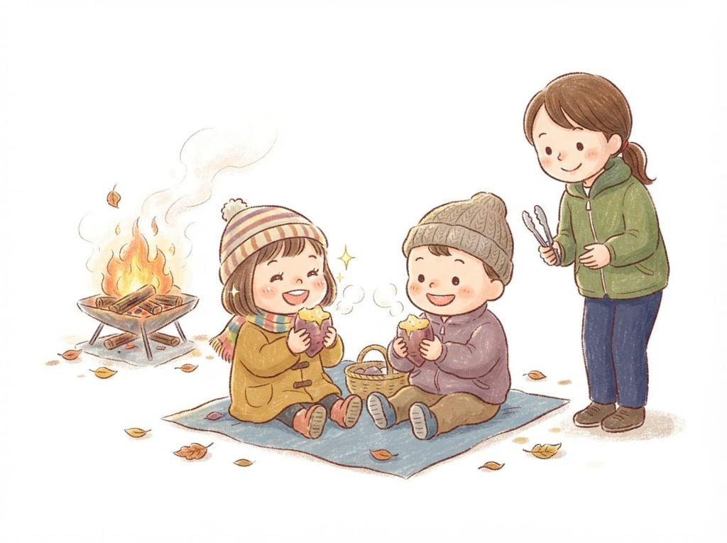 保育士さんに見守られながら焼き芋をほおばる2人の幼児のクレヨン風イラスト