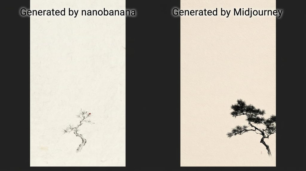 和紙の質感の背景の下部に小さな松の木を描いた和風ミニマルのスマホ壁紙(左:Nano Banana/右:Midjourney)