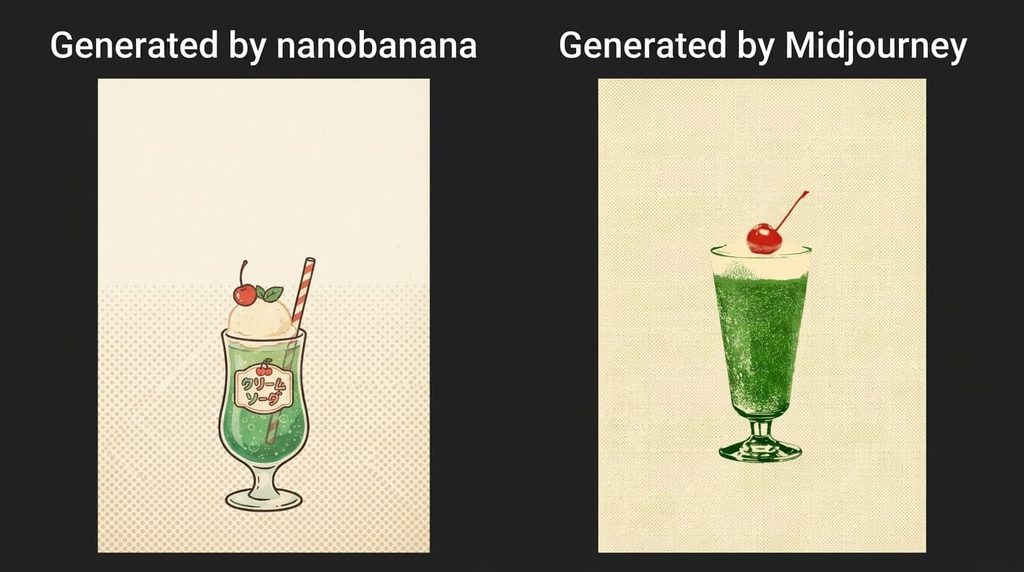 クリーム色のドット背景の下部にさくらんぼ付きの緑のクリームソーダを描いた昭和レトロ風スマホ壁紙(左:Nano Banana/右:Midjourney)