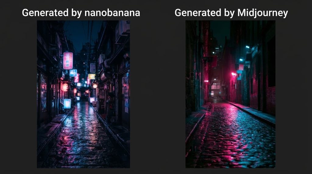 濡れた石畳にピンクと青のネオンが反射する夜の路地裏のシネマティックなスマホ壁紙(左:Nano Banana/右:Midjourney)