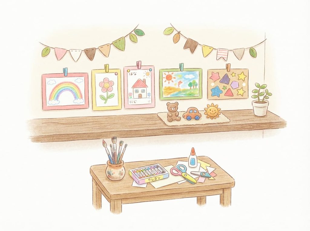 画用紙の絵や粘土作品と画材を描いた作品展のお知らせ用カット