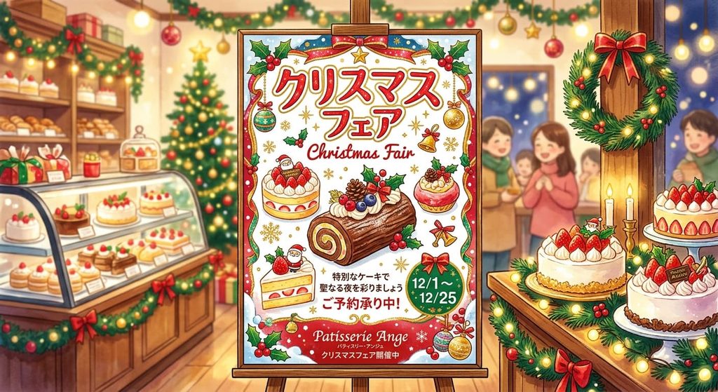 Nano Banana Proにおまかせで生成した、オーナメントや光の粒が画面いっぱいに詰め込まれた赤と金のケーキ屋さんのクリスマスPOP