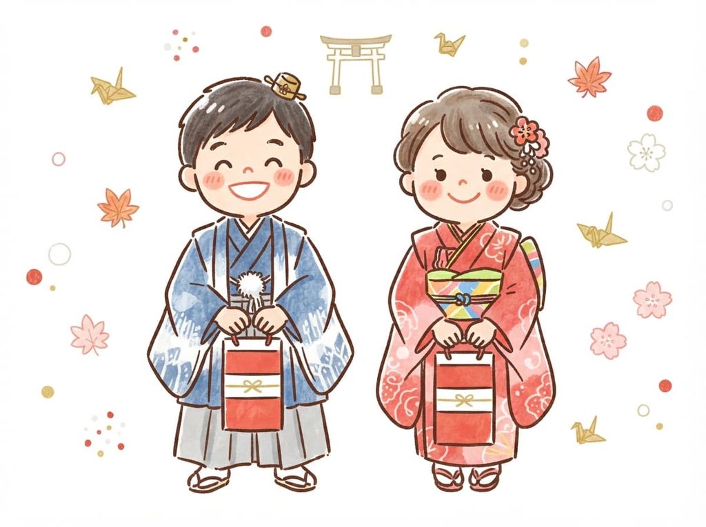 着物姿で千歳飴の袋を持つ男の子と女の子の七五三カットイラスト