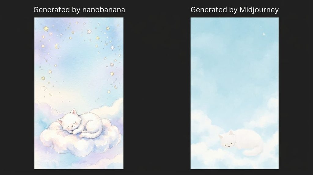 パステルの空の下でふわふわの雲の上に眠る白猫を描いた水彩風スマホ壁紙(左:Nano Banana/右:Midjourney)