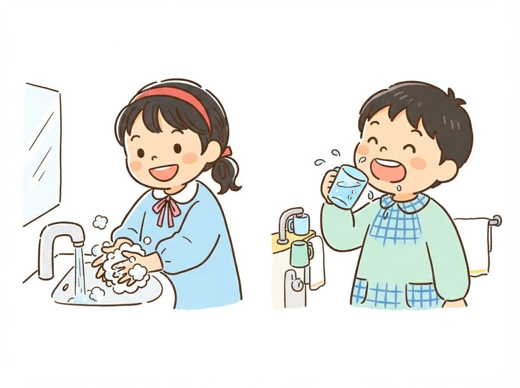 せっけんで手を洗う子どもとコップでうがいをする子どものほけんだより用カット