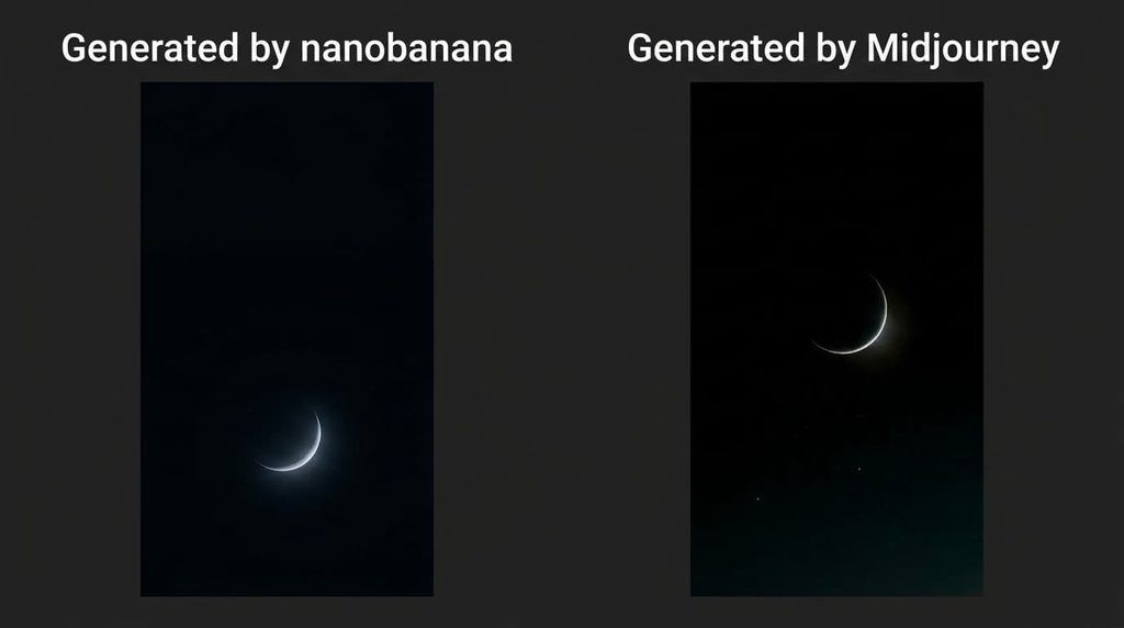 ほぼ真っ黒な背景の下部に細い三日月と小さな星が浮かぶダークなスマホ壁紙(左:Nano Banana/右:Midjourney)