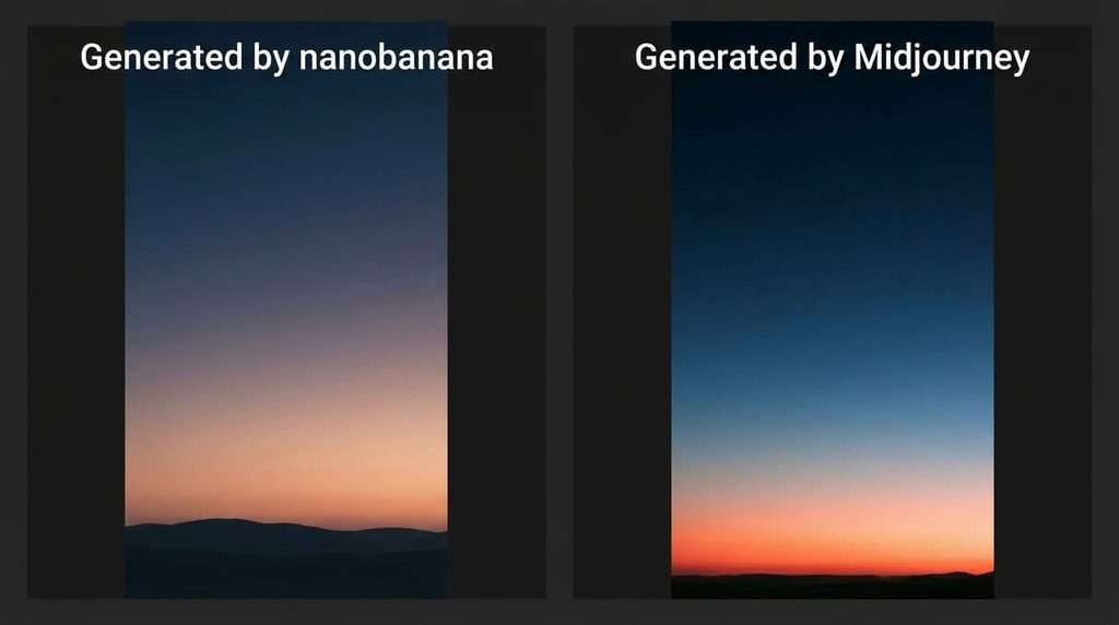 紺からくすみピンクに変わる夜明けの空と丘のシルエットのミニマルなスマホ壁紙(左:Nano Banana/右:Midjourney)
