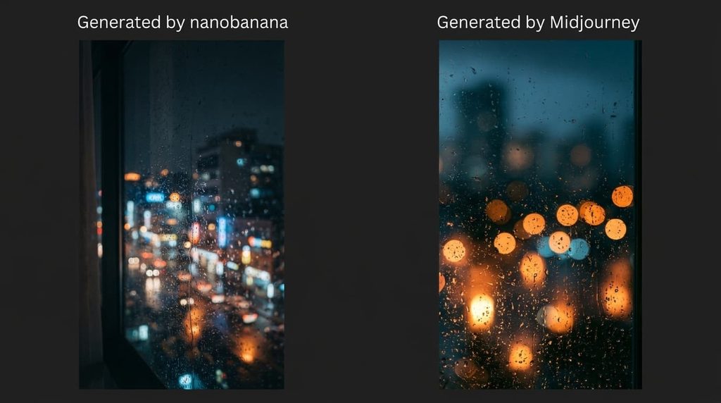 雨粒のついた窓越しにオレンジと青の玉ボケが広がる夜の街のスマホ壁紙(左:Nano Banana/右:Midjourney)