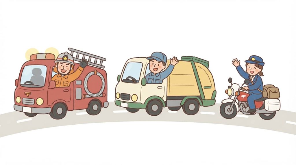 消防車・ごみ収集車・郵便バイクと笑顔の運転手さんが並ぶ勤労感謝の日のカット