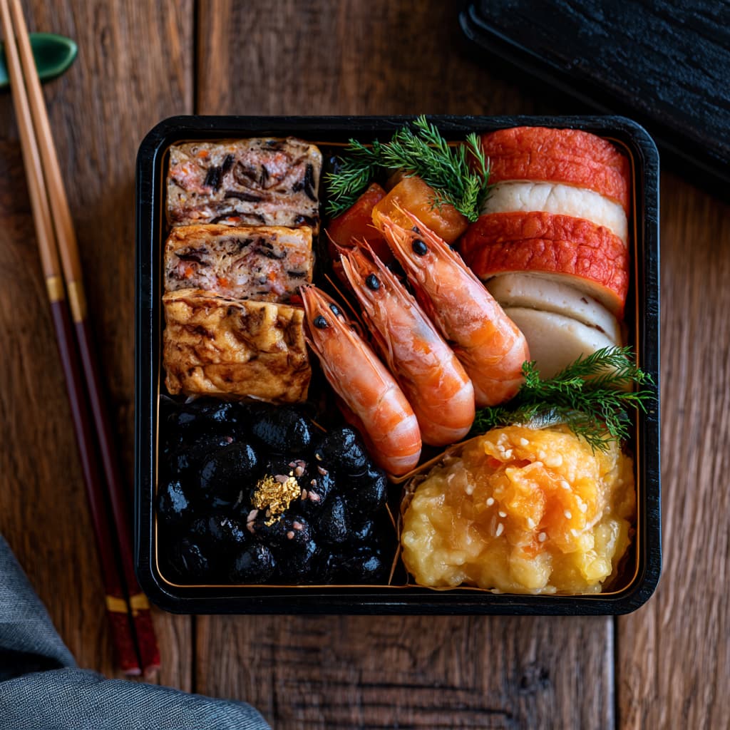 黒い漆塗りの重箱に詰めたおせち料理を真上から撮影した、自然光の料理写真