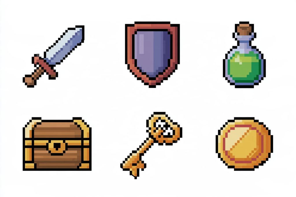 剣・盾・ポーション・宝箱・鍵・コインを並べたRPGアイテムアイコンのドット絵