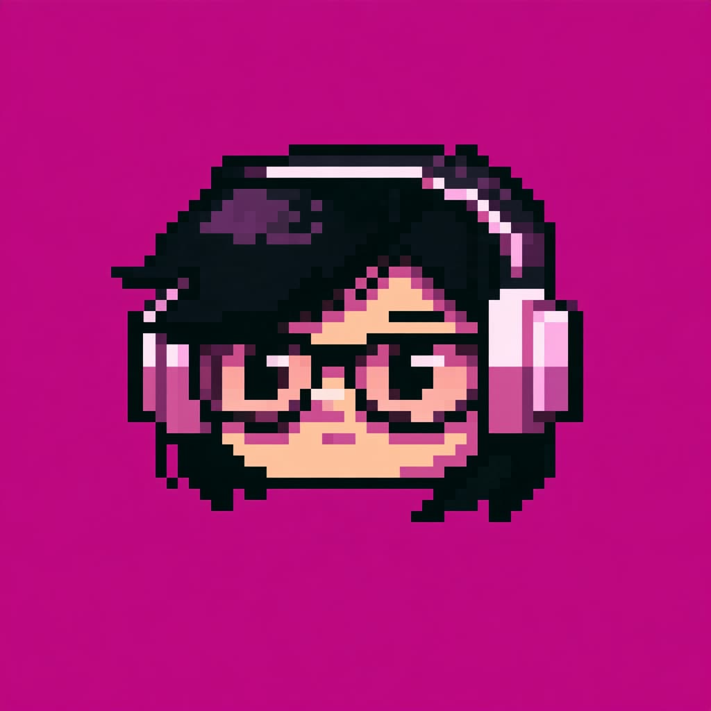 黒髪メガネでヘッドホンをつけたちびキャラの顔アップ、マゼンタ背景のドット絵アイコン
