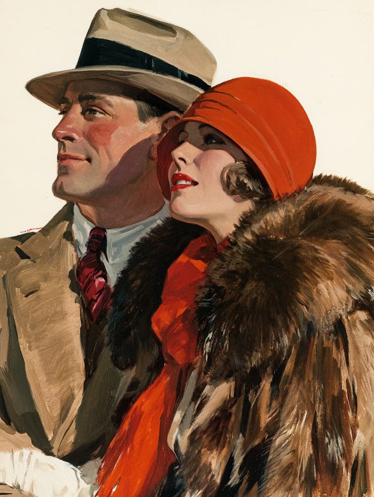 1920年代アメリカの雑誌表紙風イラスト。クリーム色の背景にフットボール観戦をする帽子とコート姿の若い男女