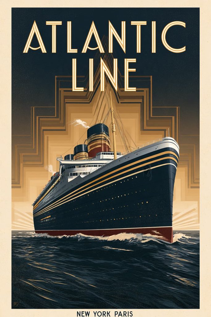 「ATLANTIC LINE」のタイトル文字が入ったアールデコ風客船ポスター。紺・金・クリームの3色