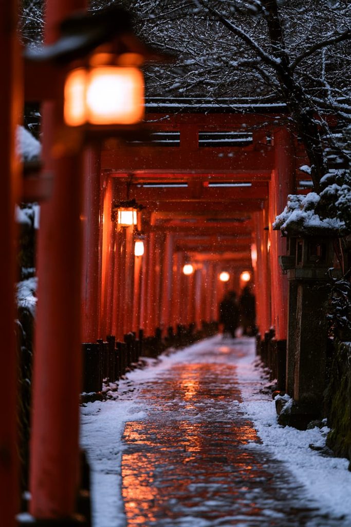 雪の積もった夜明け前の神社参道に朱色の鳥居が連なり、石灯籠が灯る初詣の風景