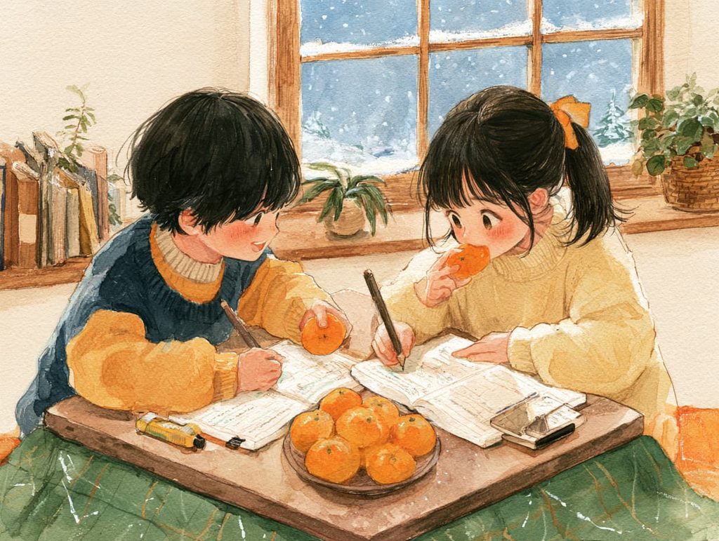 こたつでみかんを食べながら宿題をする小学生2人と窓の外の雪、やさしい水彩イラスト