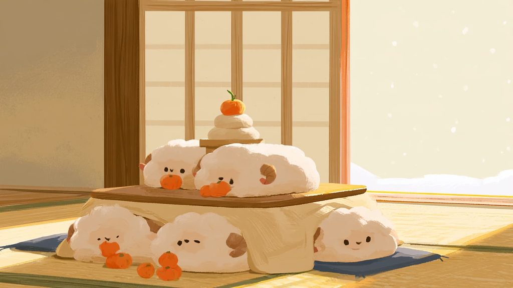 雪の見える和室で、ひつじの家族がこたつでみかんを食べる3Dアニメ風のお正月シーン