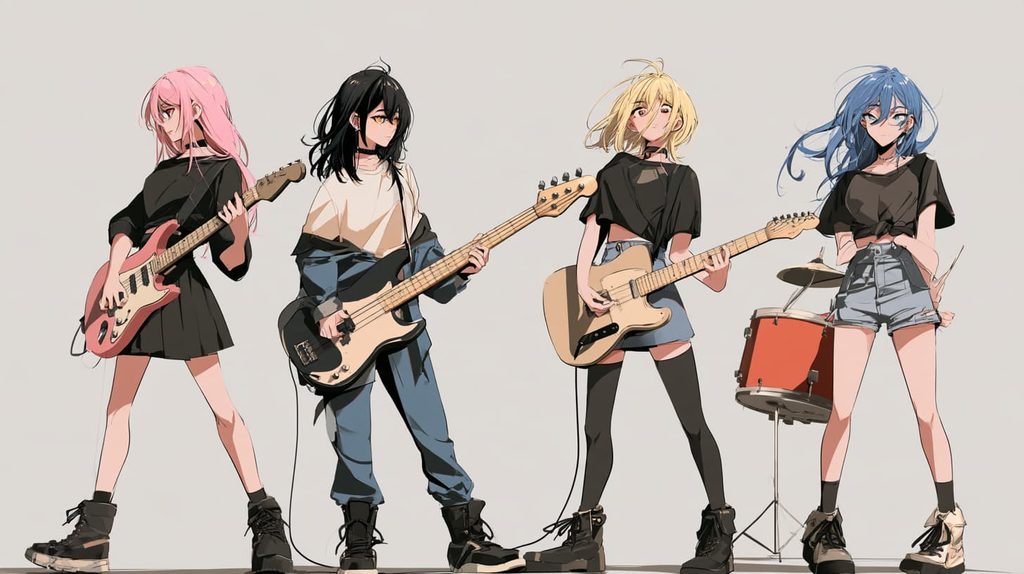 髪色と私服で個性を分けたガールズバンドメンバー4人の全身キャラクター設定シート