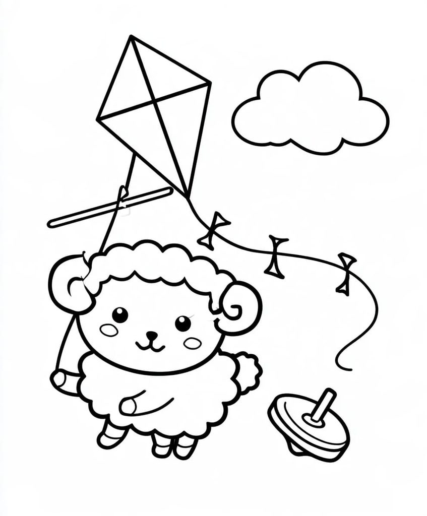 凧あげをするひつじと羽子板・こまを太い線だけで描いた子ども向けお正月ぬりえ