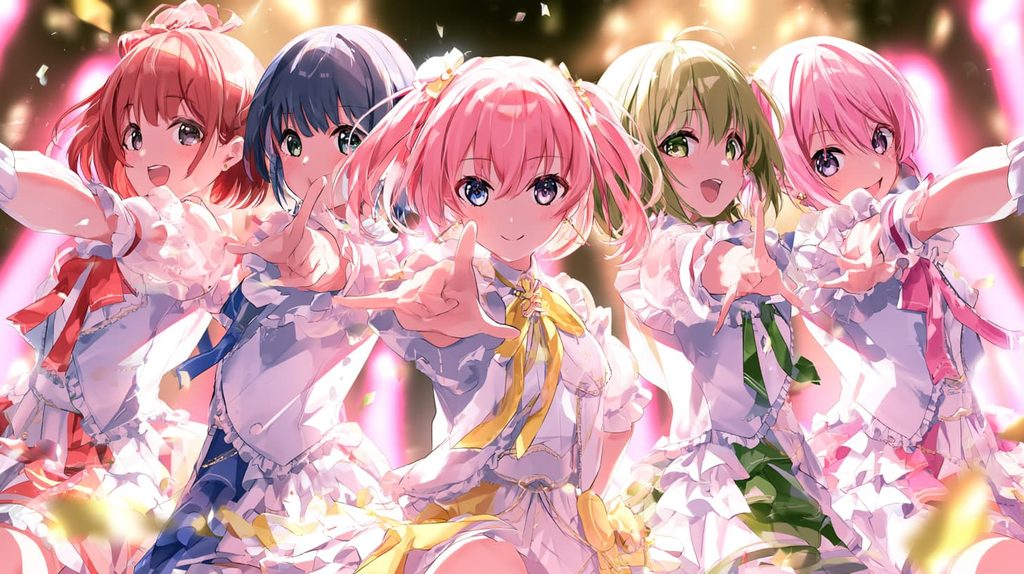 ピンクとゴールドの照明の中、V字フォーメーションで決めポーズをとる5人組アイドルのアニメ風イラスト