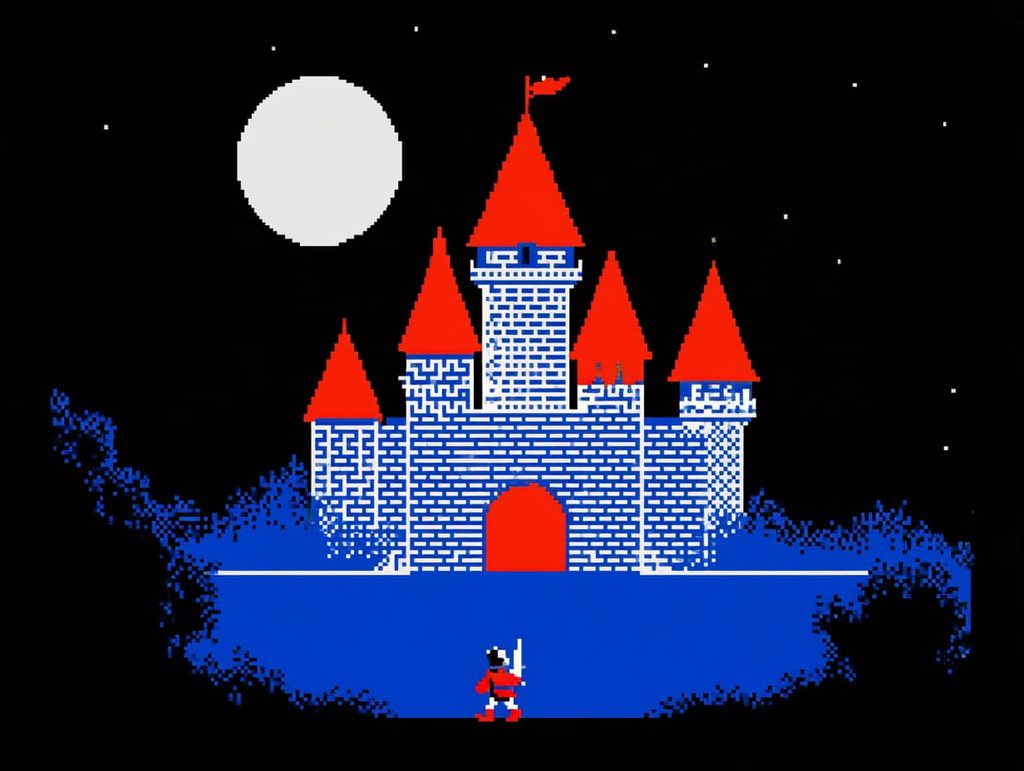 1980年代家庭用ゲーム機風、夜空の城と小さな騎士の8bitドット絵