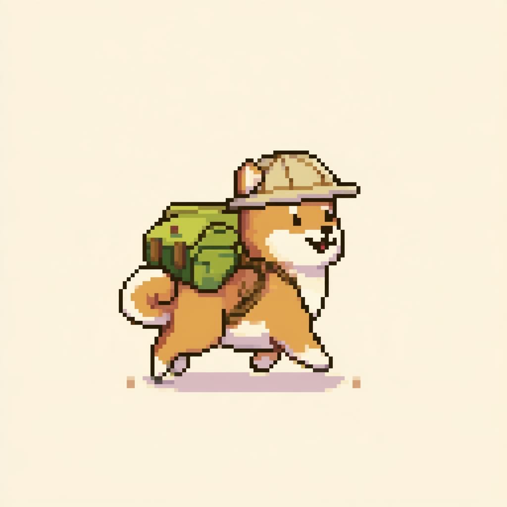 8bitドット絵の帽子とリュックの柴犬キャラ、横向きで歩く姿