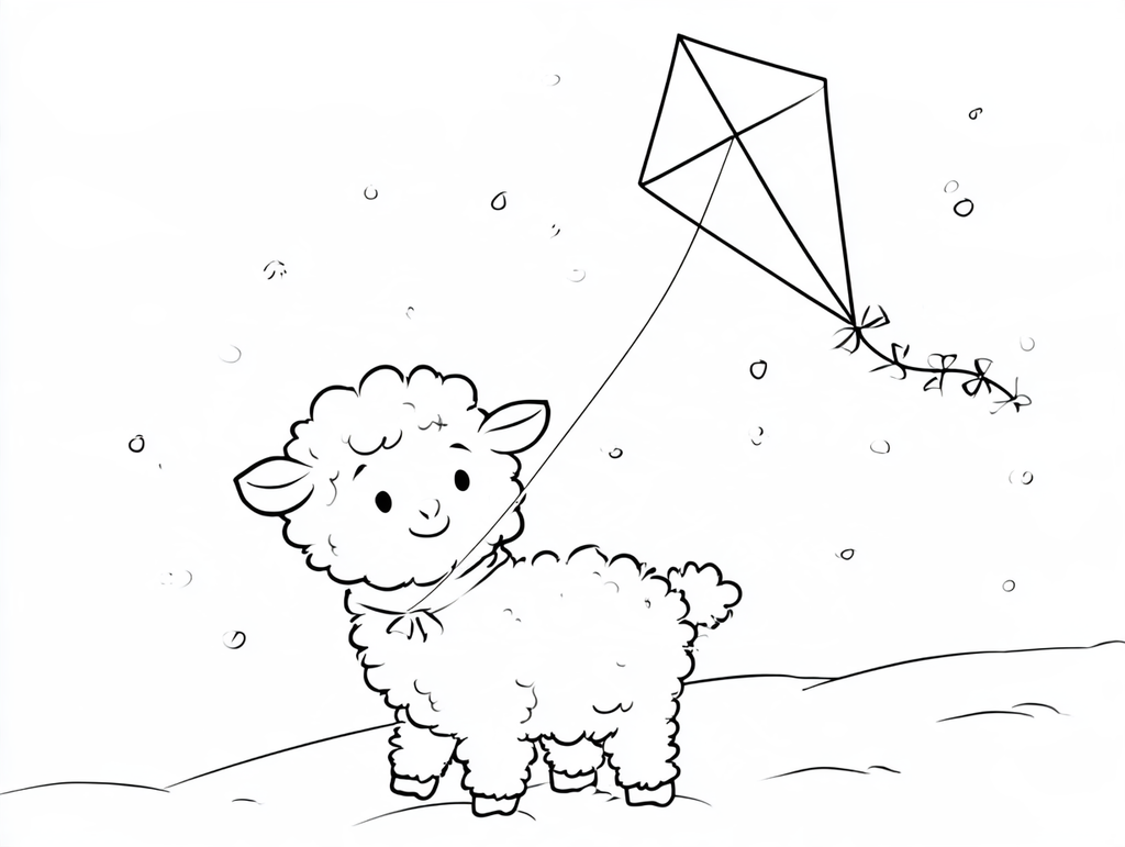 雪の中で凧揚げをする子ひつじのぬりえ用線画、太い黒線で影なし