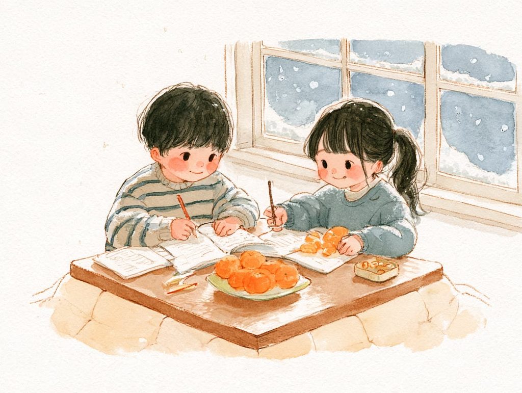 日本の冬休み、こたつでみかんを食べながら宿題をする小学生2人の水彩イラスト
