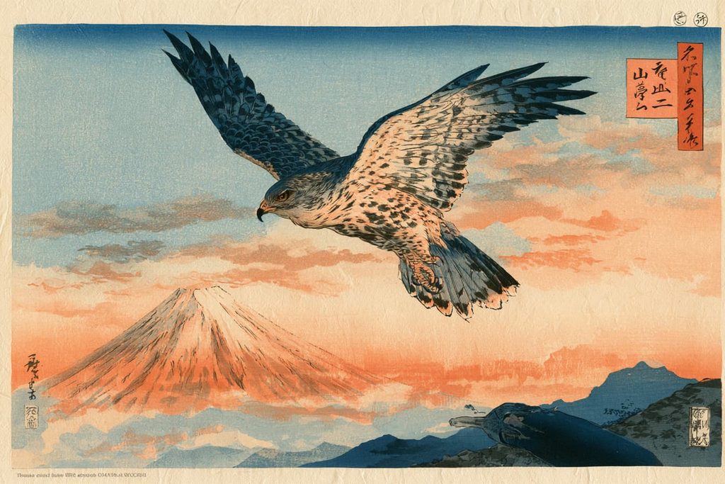 富士山の上を鷹が飛び、手前に茄子を描いた浮世絵風の初夢イラスト