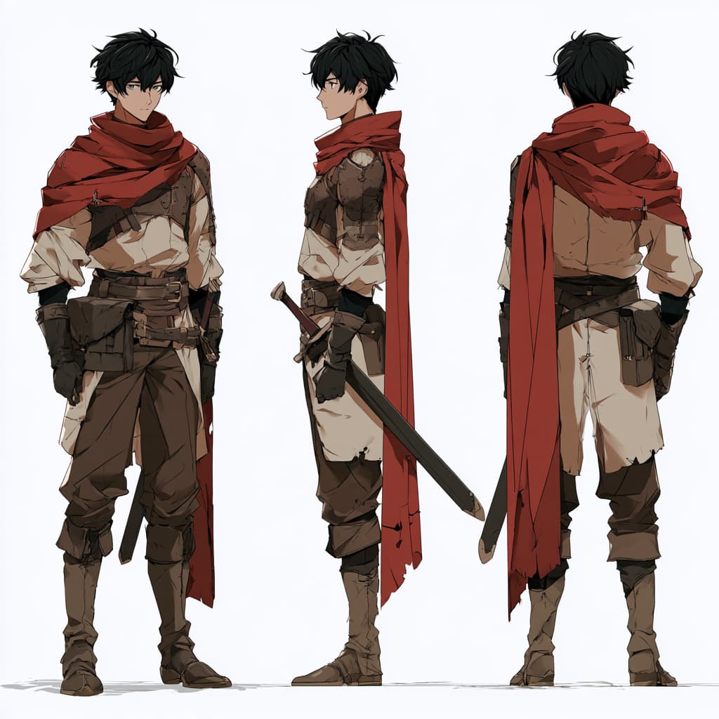 赤いマフラーの少年剣士を正面・横・後ろから描いた、白背景のキャラクター三面図

