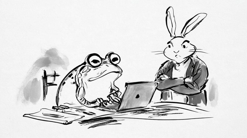 締め切りに追われるカエルのWebデザイナーと腕組みするウサギのディレクターを描いた鳥獣戯画風カリカチュア