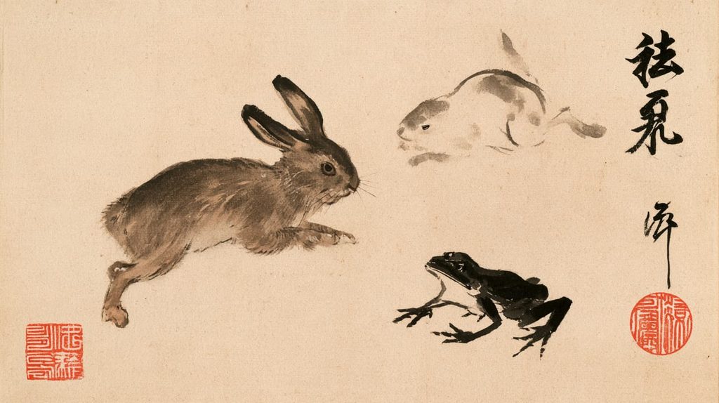 鳥獣戯画風の一言プロンプトで生成した、色付きの和風なウサギとカエルのイラスト