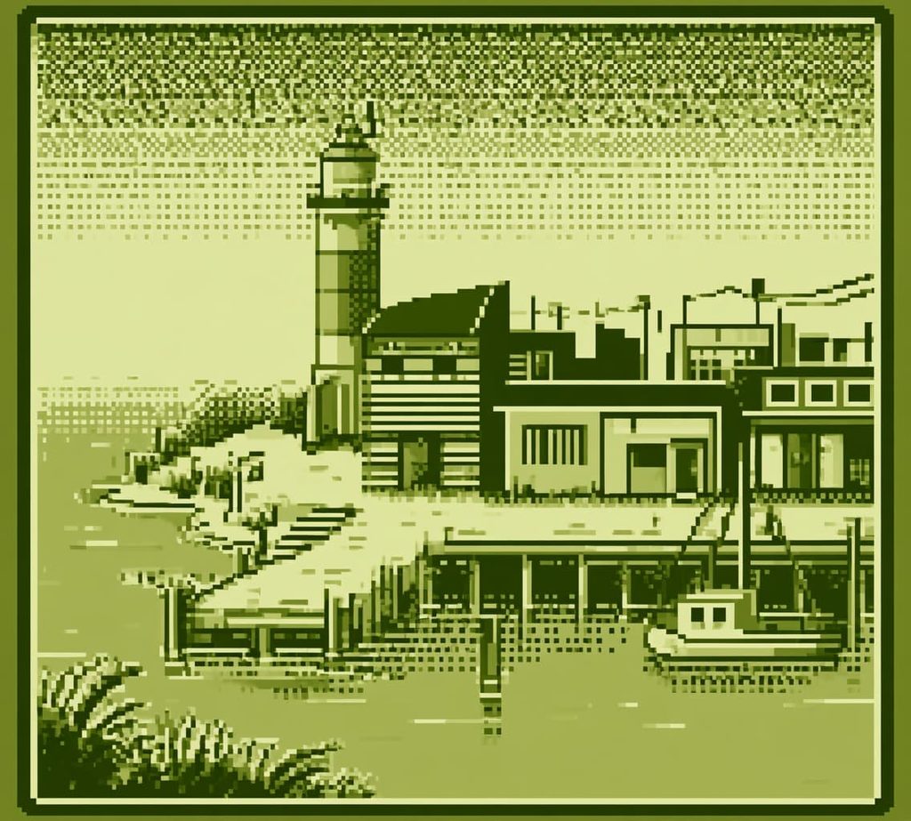 黄緑4階調の携帯ゲーム機風ドット絵、海辺の港町と灯台